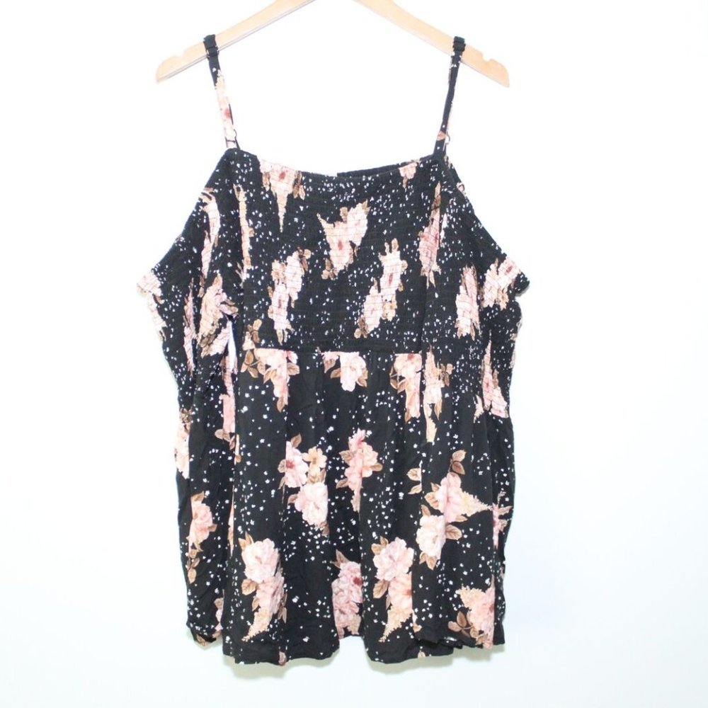 Torrid Floral Challis Cold Shoulder Blouse Black Top Smocked Size 4 4X H13469 - Picture 3 of 11